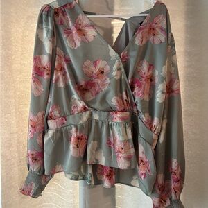 Floral V-Neck Blouse - Pink and Gray